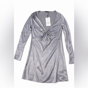 Zara Silver Satin Tie Front Mini Dress Long Sleeve Size M Night Out Chic